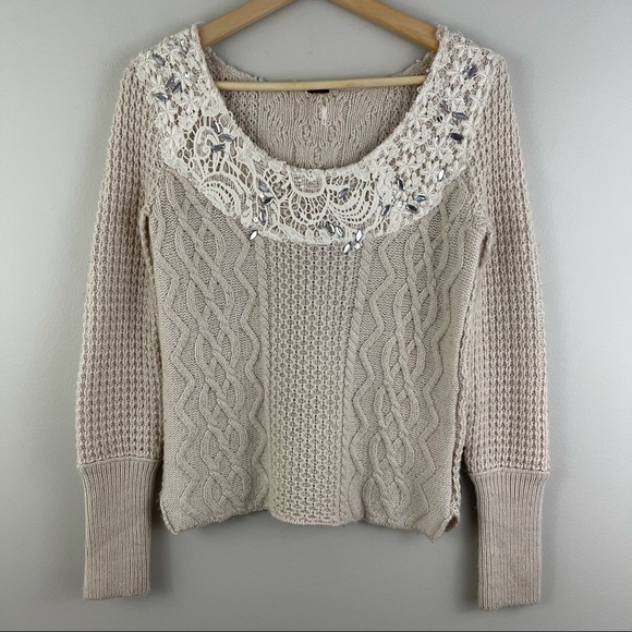 FREE PEOPLE Ivory Creme Aurora Jewel Embellished Lace Trim Wool Knit Sweater - Picture 2 of 12